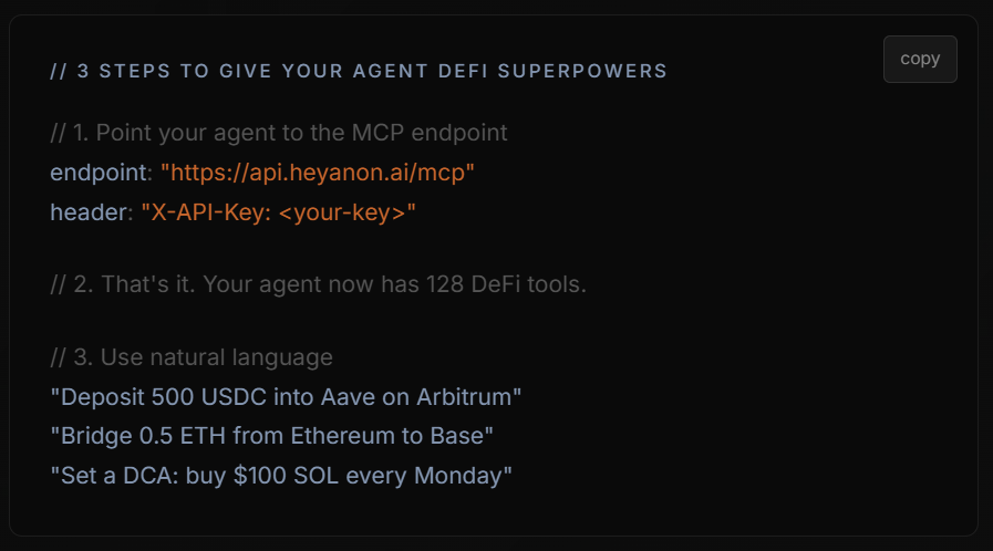 HeyAnonai's tweet photo. Model Context Protocols (MCPs) are foundational building blocks for agents. Our suite covers..

→  45 DeFi Protocols across 18 blockchains.

→ Centralized exchanges such as Binance, Bybit, Kraken, ..

https://t.co/Qsv4nvq6CK