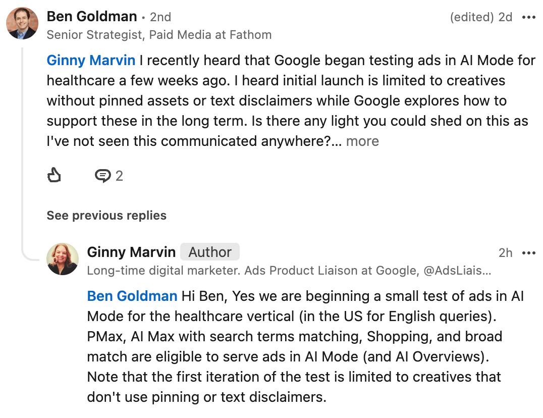 rustybrick's tweet photo. Google begins testing healthcare ads in AI Mode https://t.co/bUkD2CiwfW via @adsliaison https://t.co/FCtyXxD6RO