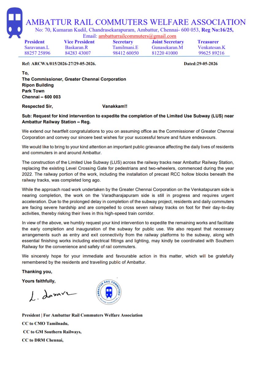 Aburailcom's tweet photo. @chennaicorp @CMOTamilnadu @TVKVijayHQ @GMSRailway @DrmChennai We have submitted a representation to the Commissioner, Greater Chennai Corporation, requesting immediate intervention to expedite the completion of the Limited Use Subway (LUS) near Ambattur Railway Station.1/2 https://t.co/M155wvYNFq