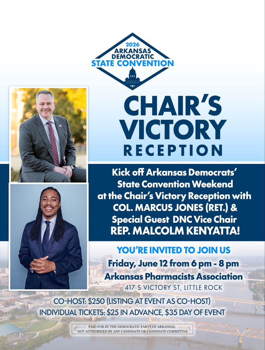 ArkDems's tweet photo. OFFICIAL: We’re hosting @TheDemocrats Vice Chair Rep. @malcolmkenyatta at our State Convention, and we could not be more excited!

You will NOT wanna miss this!

Register here as a delegate OR a guest https://t.co/1f2V0rcdCE https://t.co/fAIP5pbYpe