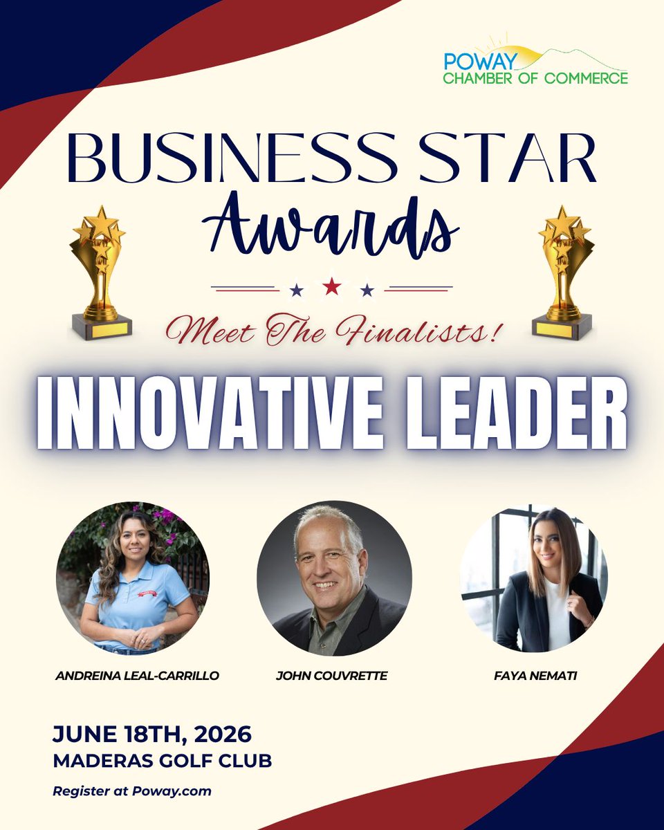 PowayChamber's tweet photo. It’s #FinalistFriday! 🎉 Today we’re spotlighting the finalists for Community Service and Innovative Leader. Who will take home the honor? Find out on June 18th! ✨⭐ Learn more at https://t.co/avegoJt2av https://t.co/6iYW5E2z0k