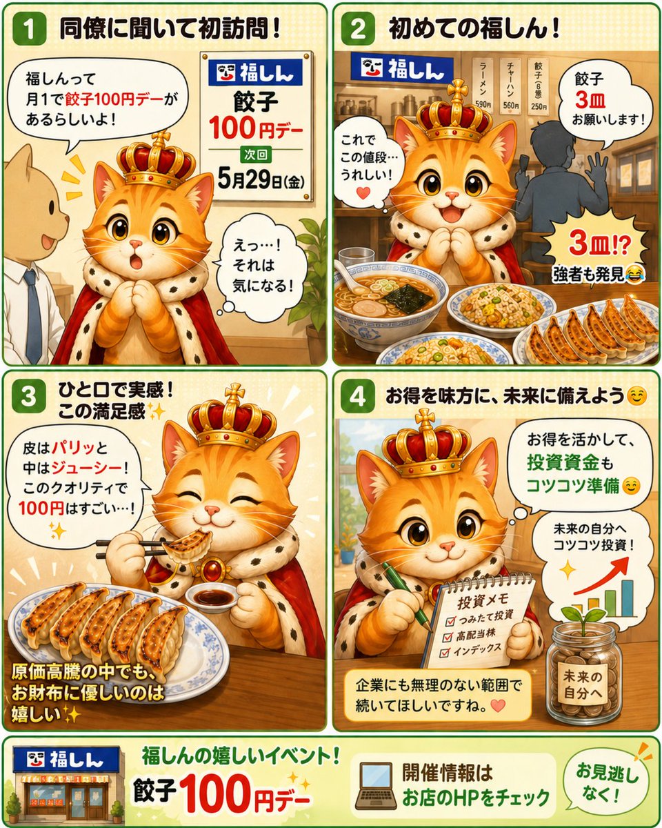 caitsith_blog's tweet photo. はじめて福しんで餃子を食べてきました🥟

同僚から「月1で餃子100円デー」と聞いて訪問。
餃子3皿を頼む強者も😂

原価高騰のご時世、お財布に優しいイベントは嬉しいですね✨

企業には無理のない範囲で続けてほしいです🙏

お得情報を活かして投資資金を準備していきます☺️
#福しん #餃子の日 #節約 https://t.co/rn9QWz4a6n