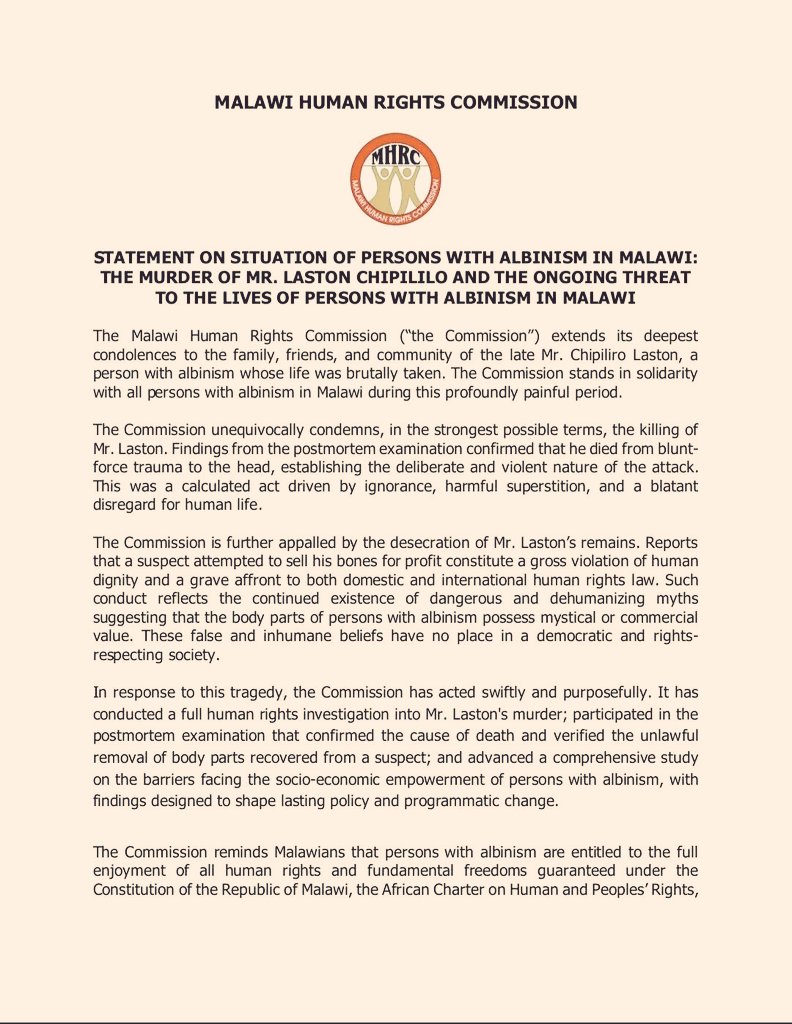 mcbrams's tweet photo. Dear #Malawi, we need a painful but honest national conversation about the continued killings of people with albinism. Also, we must confront an uncomfortable question many are afraid to ask: why do these attacks so often seem to escalate whenever the DPP returns to power? https://t.co/n51m84Gxv0