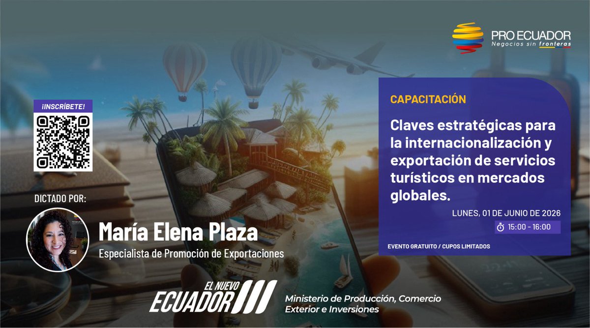 ProEcuador_'s tweet photo. 🌎✈️ ¿Quieres llevar tus servicios turísticos al mundo?

Te invitamos a participar en la capacitación gratuita “Claves estratégicas para la internacionalización y exportación de servicios turísticos en mercados globales” y conoce herramientas para potenciar tu oferta turística. https://t.co/hWDCK6HYzn
