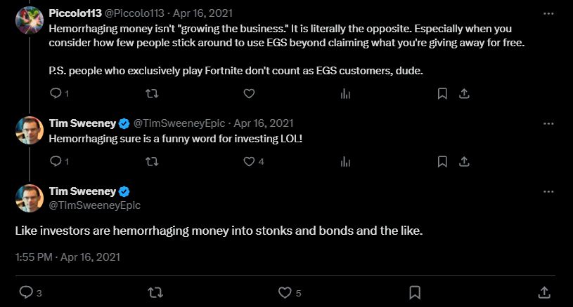 Piccolo113's tweet photo. @TimSweeneyEpic Remember when you were bragging about your poor business practices while hemorrhaging money? Ahhh, good times

Also, taking shots at Gaben owning a yacht when his business is actually successful, and without firing 1000 people, just makes you look like a bit whiny, Tim. https://t.co/4xtlYMgMmp