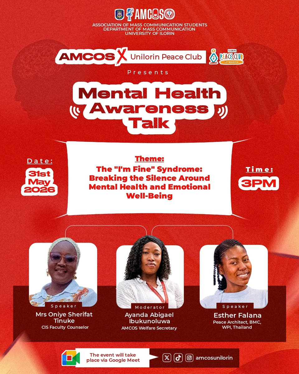 amcosunilorin's tweet photo. It's okay not to be okay. 💚
Join us for The "I'm Fine" Syndrome – a mental health awareness session.
🗣️ Learn, listen, and heal together.
📅 May 31st/3pm
See you there, Amcosites.
#MentalHealthAwareness #AMCOS #UnilorinPeaceClub https://t.co/n0TKXlAC89