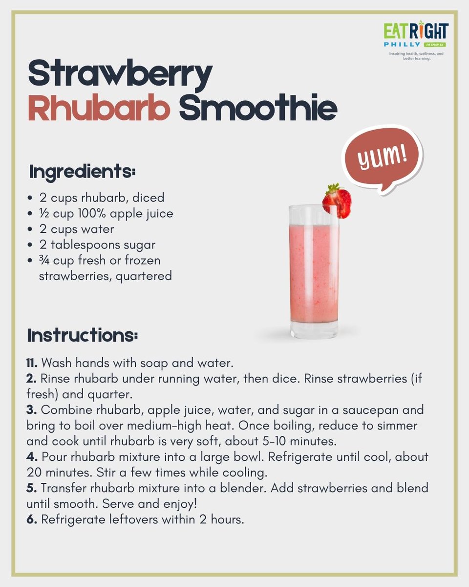 EatRightPhl_DRX's tweet photo. Rhubarb can be perfectly paired with sweet fruits to balance them out. Try this month's smoothie recipe to see for yourself!🍓🥤 #EatRightPhilly #SnapEd #SnapEdWorks #BeHealthyPA #Rhubarb https://t.co/yWGgKoE6Qd