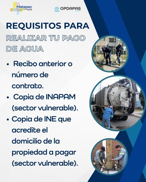MetepecOPDAPAS's tweet photo. En una #CiudadQueFunciona te compartimos los requisitos para realizar tu pago de agua.
#EstamosEnLaRuta 
@MetepecGobierno 
@FerFlores_Emp https://t.co/epJPk3EPWx