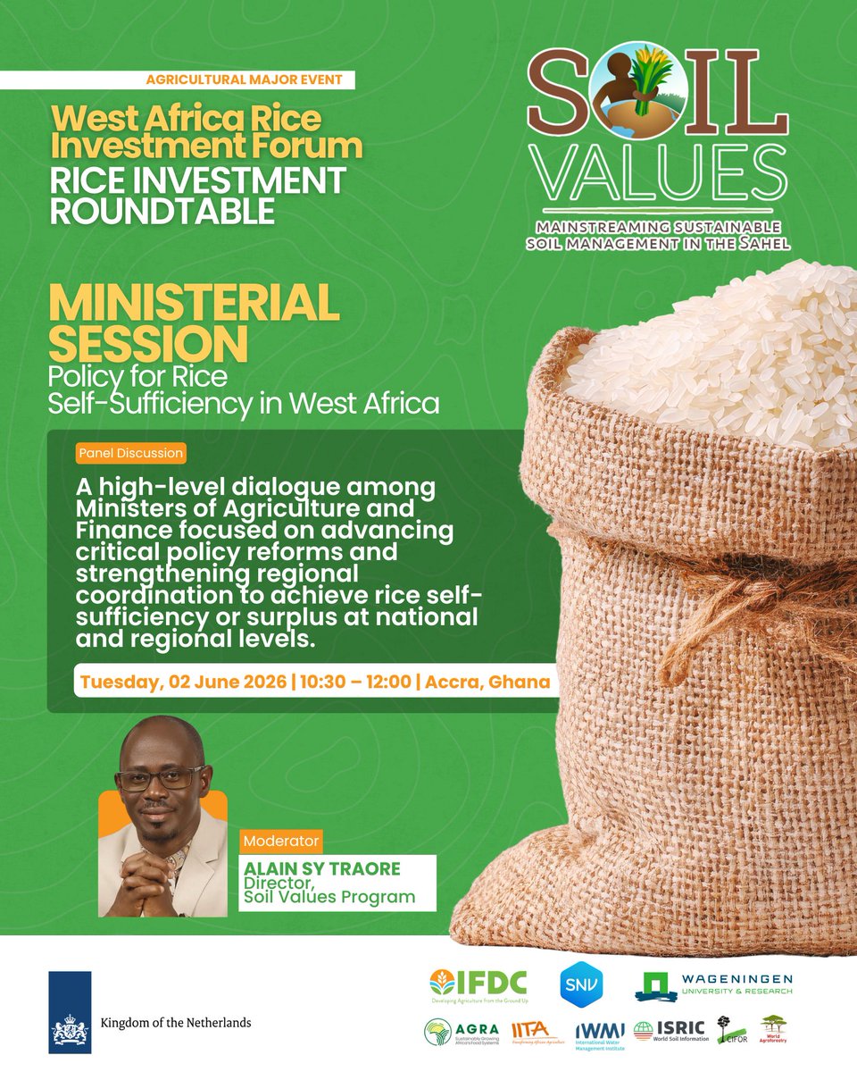 IFDCGlobal's tweet photo. Advancing policy dialogue for rice self-sufficiency in West Africa takes center stage on June 2 in Accra.

At the West Africa Rice Investment Forum, the Soil Values program will contribute to a Ministerial Session on “Policy for Rice Self-Sufficiency in West Africa.” https://t.co/DKxasYiPyP