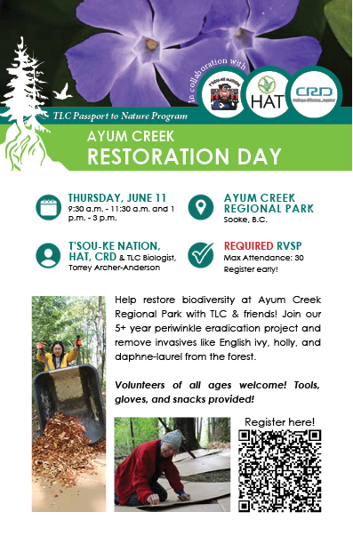 TLC4BC's tweet photo. Ayum Creek Restoration Day is coming up fast! On June 11th, come out and do good to feel good. We'll bring the gear, you bring the cheer! 🌱
Two registration slots are available: 9:30 a.m. to 11:30 a.m. and 1 p.m. to 3 p.m.  Register with the QR code or @ https://t.co/vKzAOqanhk https://t.co/QjTb33iPSa