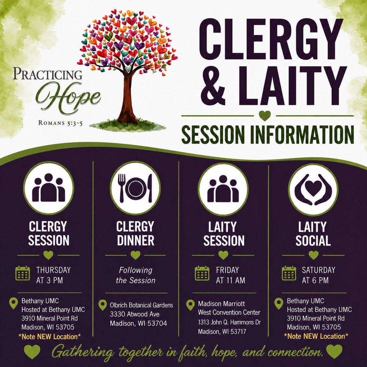 WisconsinUMC's tweet photo. 📍Annual Conference reminder: Special clergy and laity events will take place at multiple Madison-area locations. 

⚠️ NEW LOCATION: The Laity Social Connection (Sat., 6 p.m.) will now be hosted at Bethany UMC. Be sure to review the schedule. #WIAC2026

🔗 https://t.co/ghWceL7cMu https://t.co/IqYhTWW01X