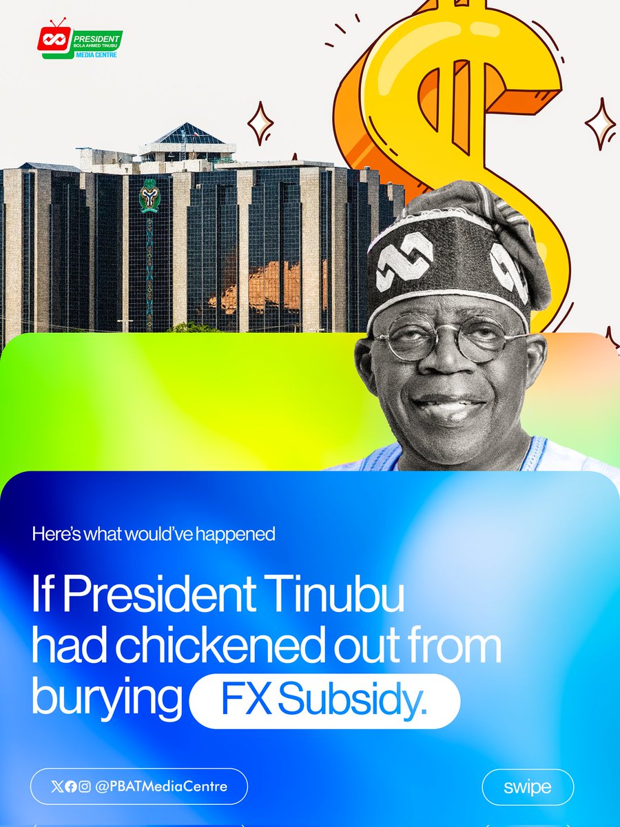 DOlusegun's tweet photo. Nigeria would have had to borrow over ₦4 trillion in 2025 alone just to sustain the petrol subsidy if President Bola Tinubu did not courageous remove the friendly thorn.

According to the Nigeria Revenue Service, if international oil prices benchmarked at $120 per barrel, the annual fuel subsidy bill would have ballooned to between ₦38 trillion and ₦52 trillion.

Nigerians who are still doubting/criticizing the foundational and structural reforms of President Bola Tinubu's administration will surely praise and idiolize him in the future to come.

#BelieveInPBAT
#PBATVersary 3.0