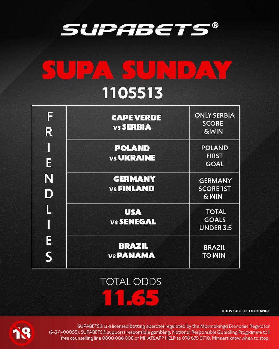 Supabets_mzansi's tweet photo. Welcome to SUPA SUNDAY ⚽🫡
5 games with a special price for you guys to follow, so HIT THAT CODE👊😎
👉 1️⃣1️⃣0️⃣5️⃣5️⃣1️⃣3️⃣ 👈
#SupaSunday #FIFAFriendlyMatch #Supabets
18+| Bet Responsibly https://t.co/YZSYpxA1Kd