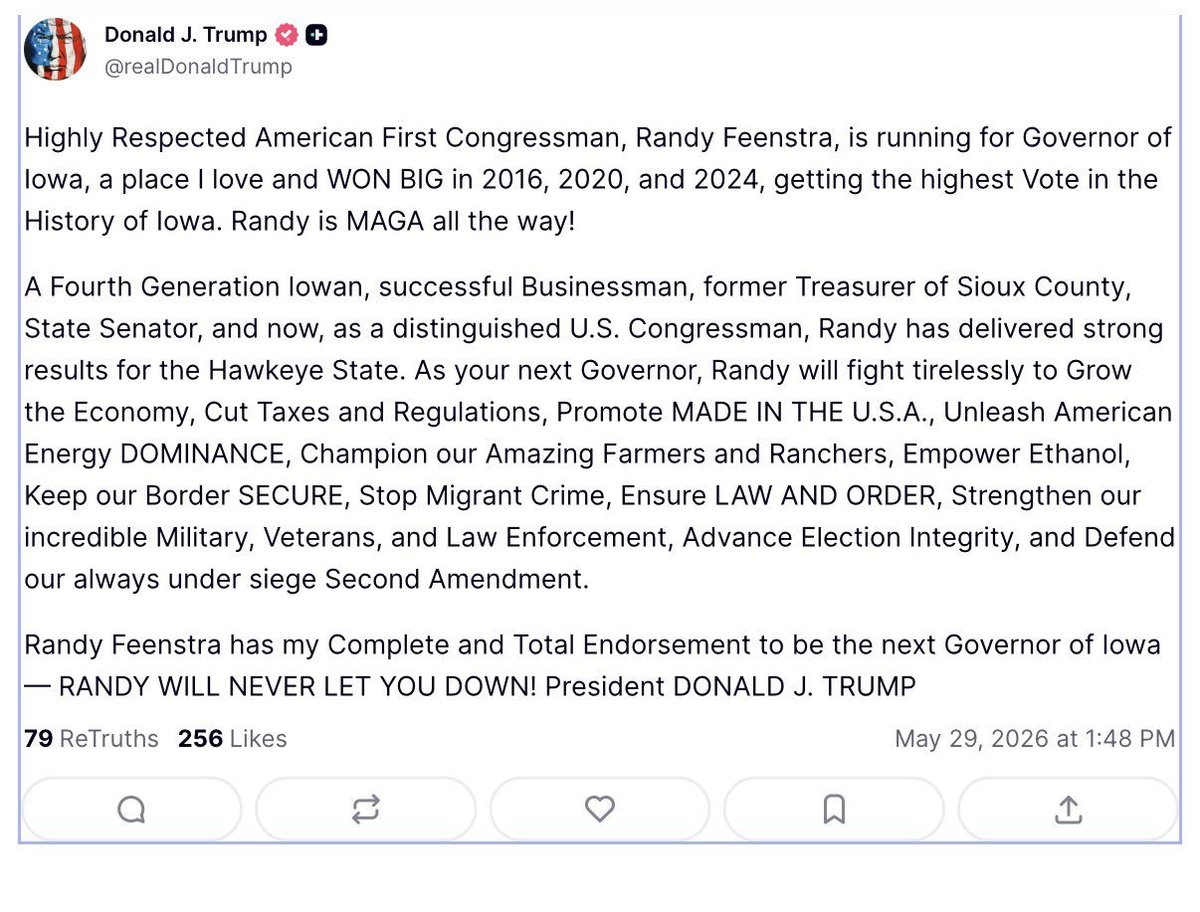 DecisionDeskHQ's tweet photo. This morning: Poll found Rep. Randy Feenstra trailing businessman Zach Lahn 27%-24% in #IAGov GOP primary. Raises possibility that no one wins 35%, which would force convention to pick nominee.

This afternoon: President Trump endorses Feenstra to shore up congressman's chances. https://t.co/gp5ZZcLsco
