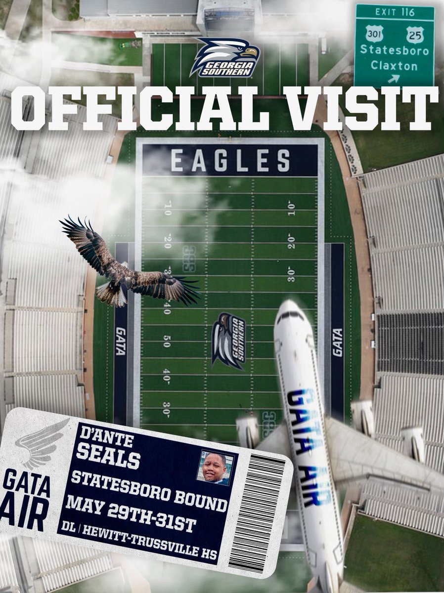DanteSeals6's tweet photo. I’m excited to be @GSAthletics_FB today for my Official Visit! Ready to see what Georgia Southern is all about. #GATA 🦅

@GSCoachHelton @CoachNEUP @theeleaseryals @SSN_GASouthern https://t.co/OUEmCthXKG