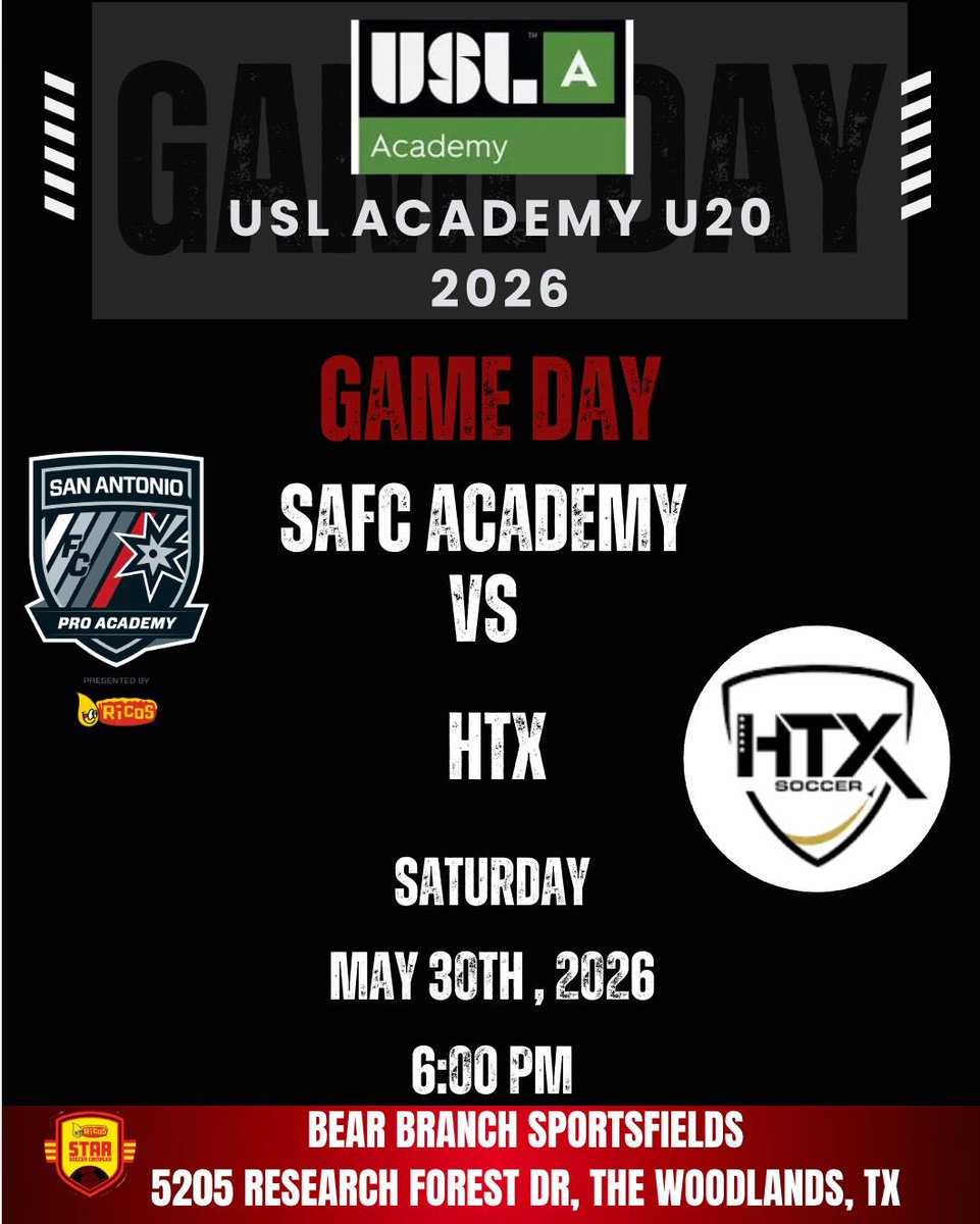 SAFCProAcademy's tweet photo. Our @usl_academy U-20 team heads east on I-10 Saturday, May 30 to kick off their 2026 season vs HTX⚽️🔴⚫️

Another pathway and opportunity for our players to learn and grow📈

#ourfuture #defend210 https://t.co/IJreZGlUcY