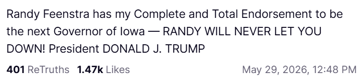 idaveprice's tweet photo. Just in...@realDonaldTrump announced his support in the 5 person Iowa GOP primary for @RepFeenstra. https://t.co/8yhVEn70kz