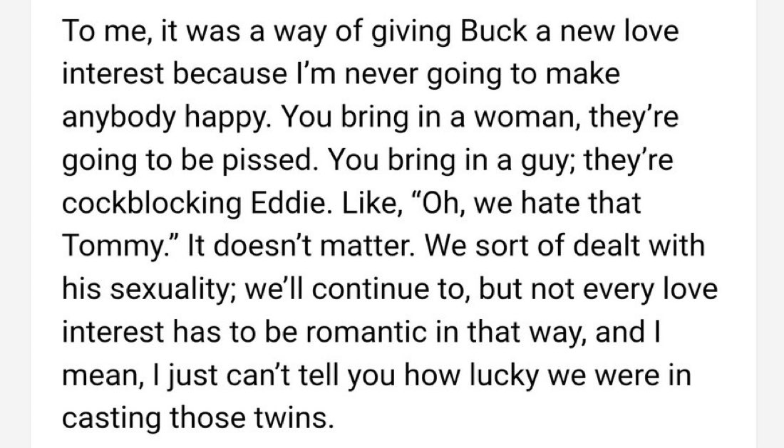 acklesdiaz's tweet photo. The way the bald man says he gave Buck a kid to not give him a LI (which is gross btw) and not having Buck bidding on Eddie to avoid queerbaiting allegations is clear buddie is not on his plans is either never happening or happening in the series finale https://t.co/obZlMZPKSO