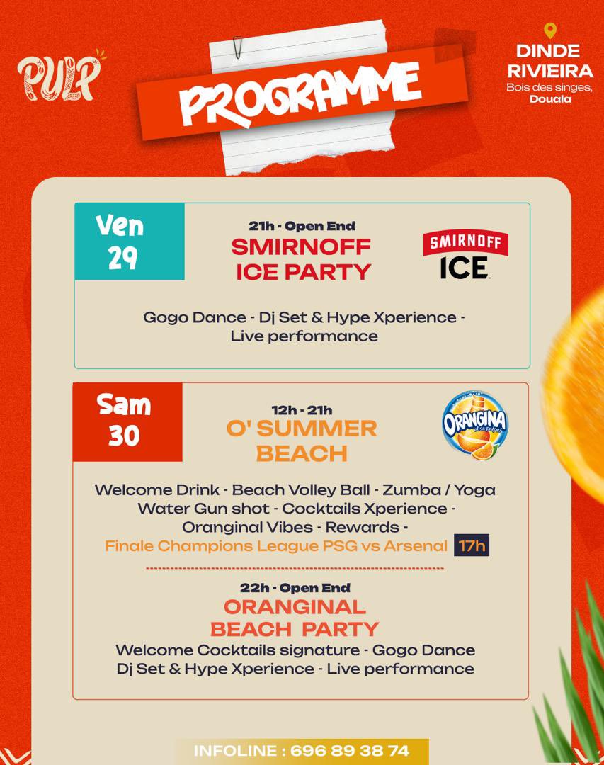 FabriceBasta1's tweet photo. Le menu & le programme officiel de PULP : The Orange & Ice Beach Experience sont enfin disponibles 🔥
🍹 Cocktails signatures à partir de 7k
🍔 Burgers & grillades dès 5k
📍 Dindé Riviera (Bois des singes, Douala)
📞 Infoline : 696 89 38 74 ☀️✨
#PULP2026 https://t.co/zhpVqddTcD