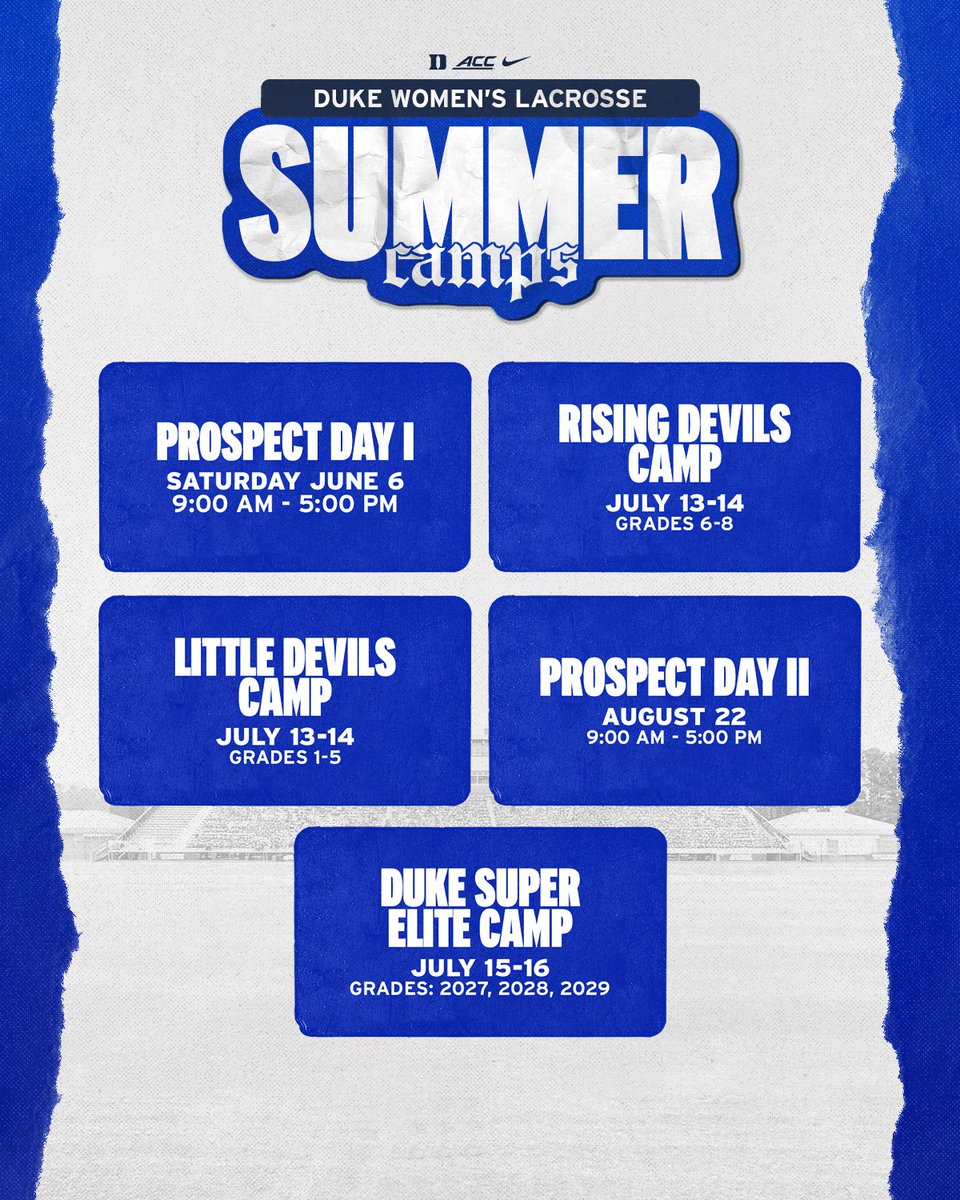 A promotional poster for Duke Women's Lacrosse Summer Camps, detailing five different camp events with dates and grade levels. The background is blue and white with camp names like Prospect Day I, Rising Devils Camp, Little Devils Camp, Prospect Day II, and Duke Super Elite Camp.