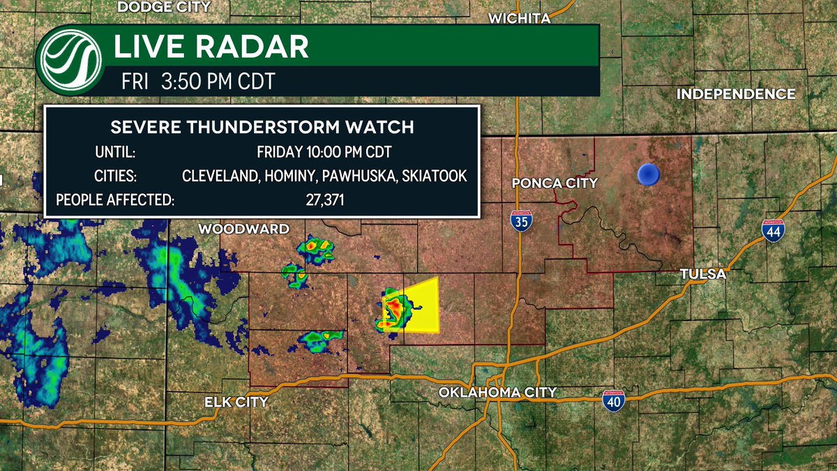 taylorcoxWX's tweet photo. Severe Thunderstorm Watch and Warning for Oklahoma. Low tornado threat, but large hail and strong wind gusts likely. 

#okwx #Oklahoma https://t.co/MMkJnmZ0jy