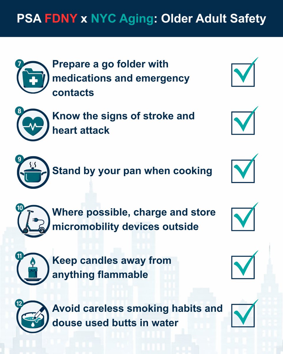NYCAging's tweet photo. Safety starts with preparation. 💙 NYC Aging and FDNY teamed up to create an Older Adult Safety Checklist and a fire safety PSA with practical tips to help older New Yorkers stay safe at home and in their communities. Watch here: https://t.co/iCpAiq3Vmi
#NYCAging #FDNY https://t.co/tXcZM29Bfj