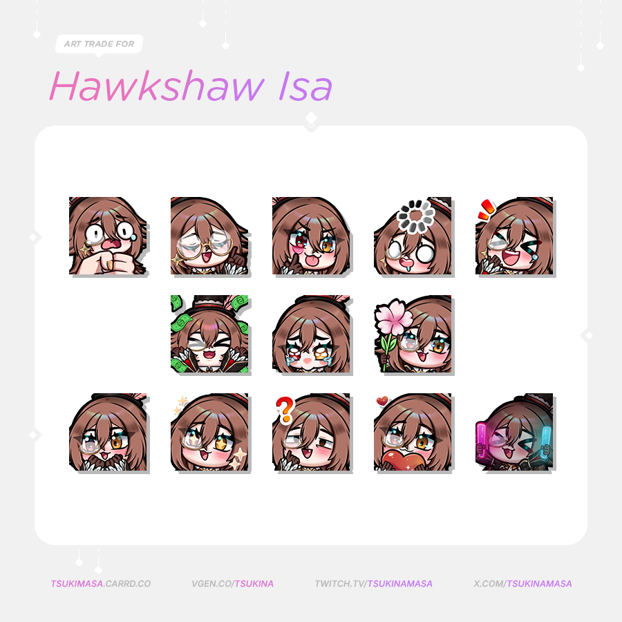 TsukinaMasa's tweet photo. ✧.* Emote for @HawkshawIsa 

*.✧ Its a big batch of emotes ! Was very fun to work in ＼(≧▽≦)／

  ⌣⌣⌣⌣⌣⌣⌣⌣⌣⌣⌣⌣⌣⌣⌣⌣⌣ ‧₊˚✧ 
#twitch #vgen #mascot
↻ + ♡ are appreciated ! (⁄ ⁄>⁄ ▽ ⁄<⁄ ⁄) https://t.co/e9g0Mm8vSJ