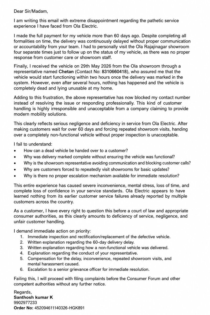 knowinfonow's tweet photo. @OlaElectric @bhash Complaint Regarding 60 Days Delivery Delay and Defective Vehicle Handover https://t.co/RBDO3WxCKm