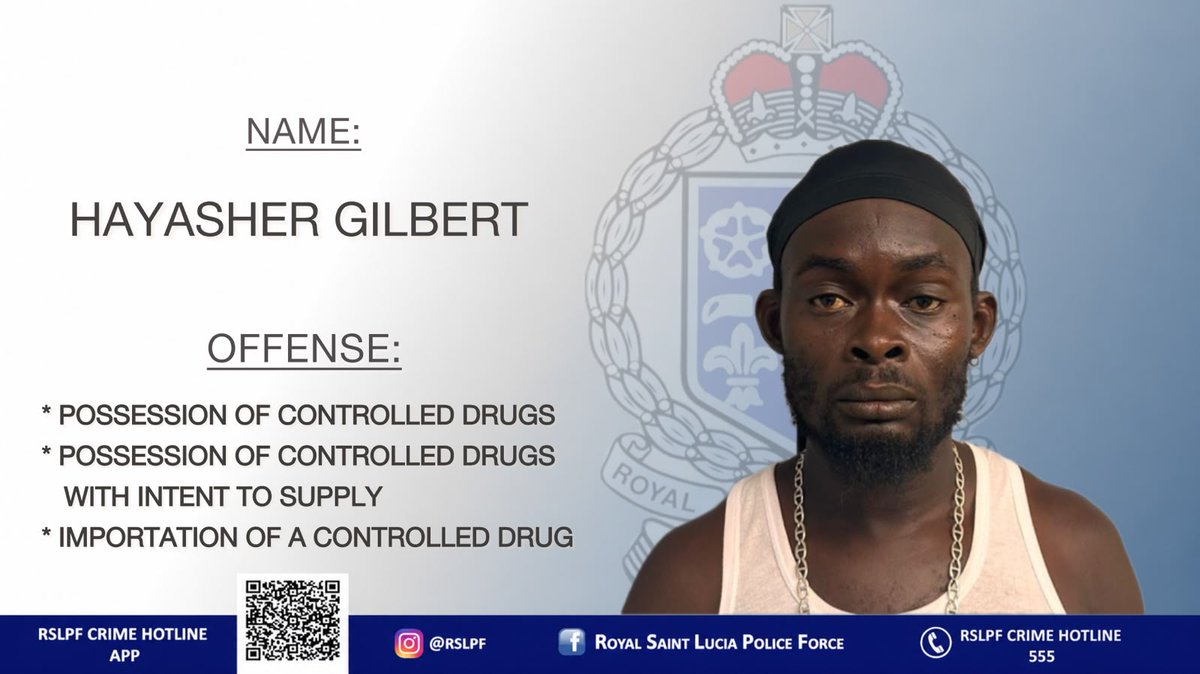 RSLPFOFFICIAL's tweet photo. On Wednesday, May 27, 2026, investigators attached to the Gangs, Narcotics and Firearms Unit (South) conducted a joint operation with officers from the Customs and Excise Preventive Unit at Port Vieux Fort.

During the examination of a consignment addressed to 39-year-old Hayasher Gilbert of Vieux Fort, officers discovered what appeared to be suspected cannabis resin concealed inside boxes containing food items.

Gilbert was subsequently arrested and charged with the offences of Possession of Controlled Drugs, Possession of Controlled Drugs with Intent to Supply, and Importation of a Controlled Drug

He has been granted bail in the sum of EC$55,000 cash or suitable surety.