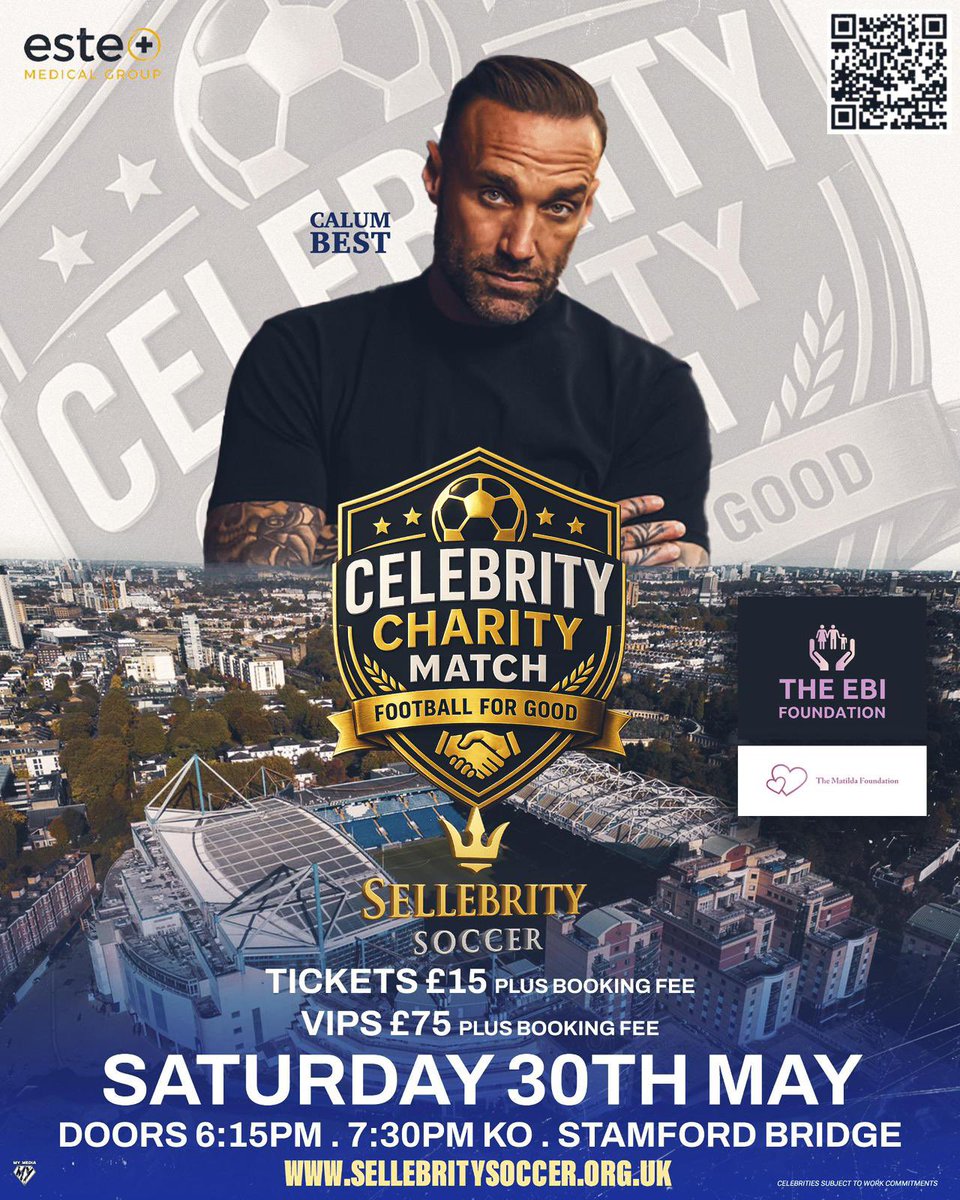 CalumBest's tweet photo. 📆 SATURDAY 30THMAY 2026 
📍CHELSEA FOOTBALL CLUB - 7.30PM KO 

Come see me play in this huge @sellebrity_uk soccer celebrity charity football match at Stamford Bridge - Home of Chelsea Football raising funds for @theebifoundation @thematildafoundation 

Book your tickets here https://t.co/tGAJxrdNcZ 🎫🎫