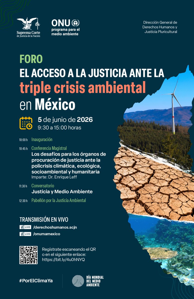 ddhh_scjn's tweet photo. En el marco del #DíaMundialDelMedioAmbiente, la @ddhh_scjn de la @SCJN y @UNEP_LatAm realizarán el “Foro: El acceso a la justicia ante la triple crisis ambiental en México” el 5 de junio a las 9:30 h 
Programa completo y +info: https://t.co/9gOpXIoB3E
#PorElClimaYa https://t.co/NbWohODqJE