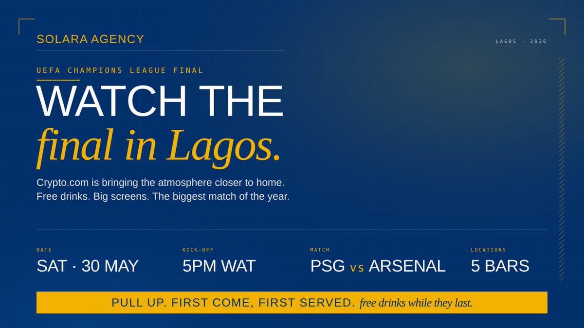 Rainbowsdotsui's tweet photo. Tomorrow. Lagos. Champions League final. 🏆

@Cryptocom is bringing the atmosphere closer to home!
Free drinks 🍻  to fans across the city.
I'm on the ground running the bar activations.

Catch the match at:
📍 Koya Lagos 
📍 Nest Lounge
📍 Skys Home 
📍19th Lounge 
📍Westend Bar, Yaba

Kick-off 5pm WAT. First come, first served.
Which bar are you pulling up to? 👇