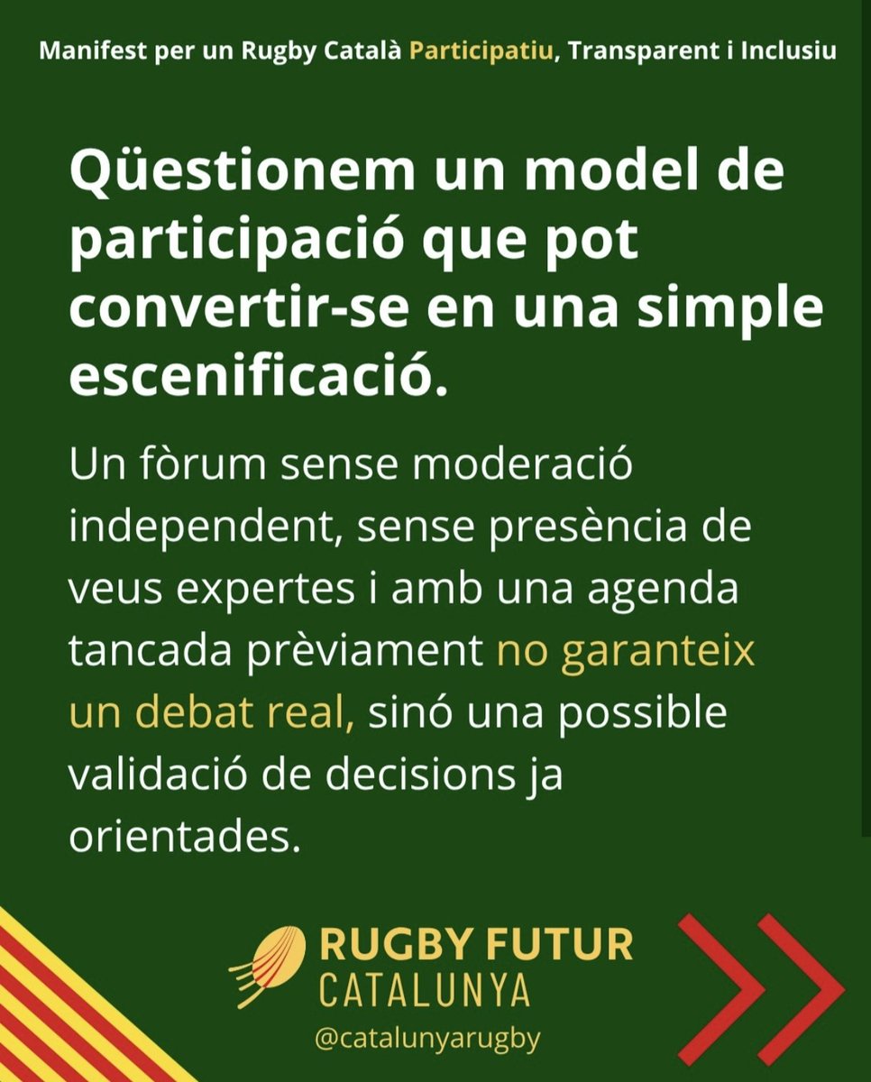 RugbyFuturFcr's tweet photo. Manifest per un Rugby Català Participatiu, Transparent i Inclusiu
Davant la convocatòria del I Fòrum de Clubs del Rugby Català, volem expressar la nostra preocupació i reivindicar un model de governança realment obert, participatiu i transparent. https://t.co/pRGUTb5uHX