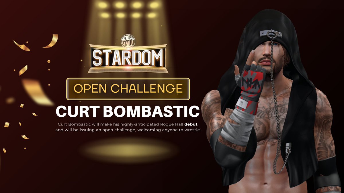 theroguehall's tweet photo. The Rogue Hall holding spectacles with cards filled with performers from all over the grid means that there's a surprise around every corner. Which is why it's the perfect place to issue challenges. Open challenges. Nobody knows who could walk through the entrance way after a challenge has been issued, and you have to be confident in your abilities to lay one down. 

Curt Bombastic is a prime example of confidence.

For years now, Bombastic has been travelling all over the grid seeking out opponents to unleash his brand of strong style on. He continues to go out to the ring almost every single week to prove his worth, even though he's been here since the damn near beginning.

Bombastic is looking to secure another statement victory, and standing across from him isn't a task for the weak. Tomorrow at 3:00 PM SLT on the first night of "Stardom" LIVE from The Rogue Hall: https://t.co/4U8lbF43wU