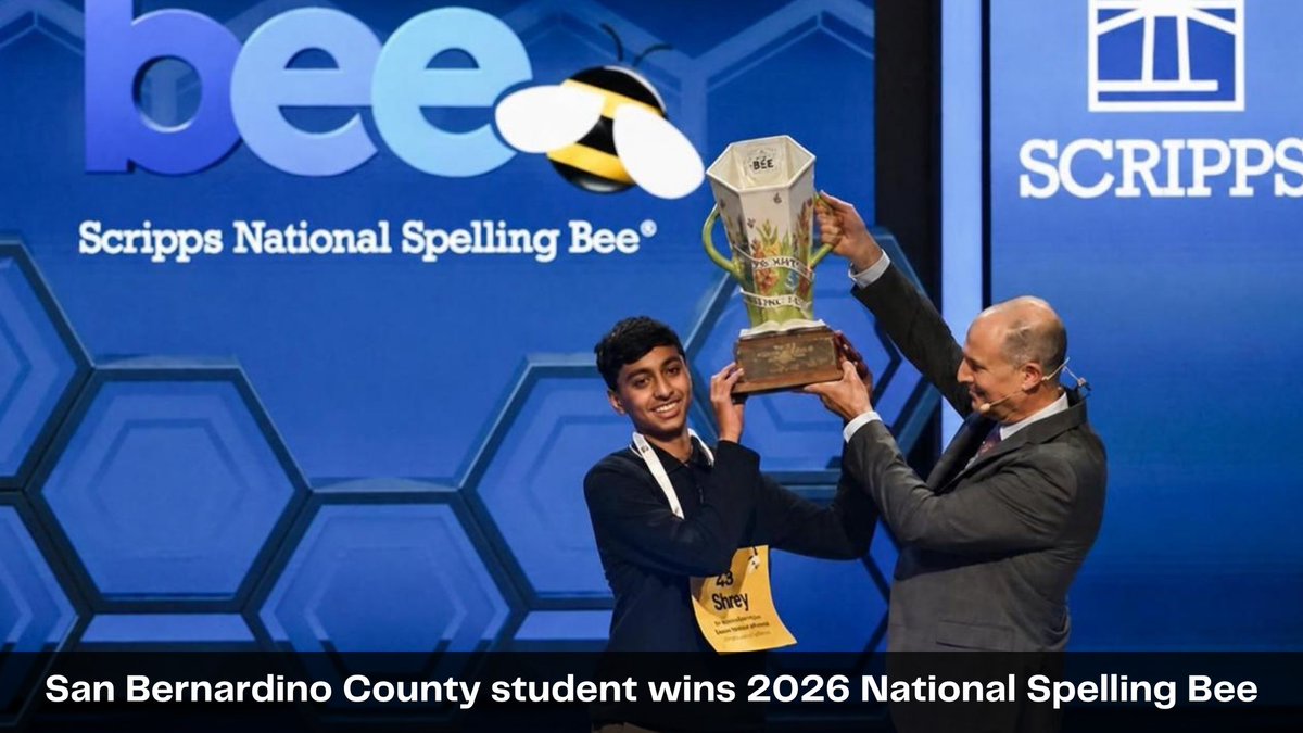 SBCounty's tweet photo. San Bernardino County congratulates Shrey Parikh of Rancho Cucamonga for winning the 2026 Scripps National Spelling Bee! May you continue to be successful in your bright future. 🏆

We also wish much success to all San Bernardino County students accomplishing great things through their hard work, perseverance, and commitment to excellence.

Photo by: Hannah Foslien/Hannah Foslien/Scripps National

#academicexcellence #scrippsspellingbee #champion #SanBernardinoCounty