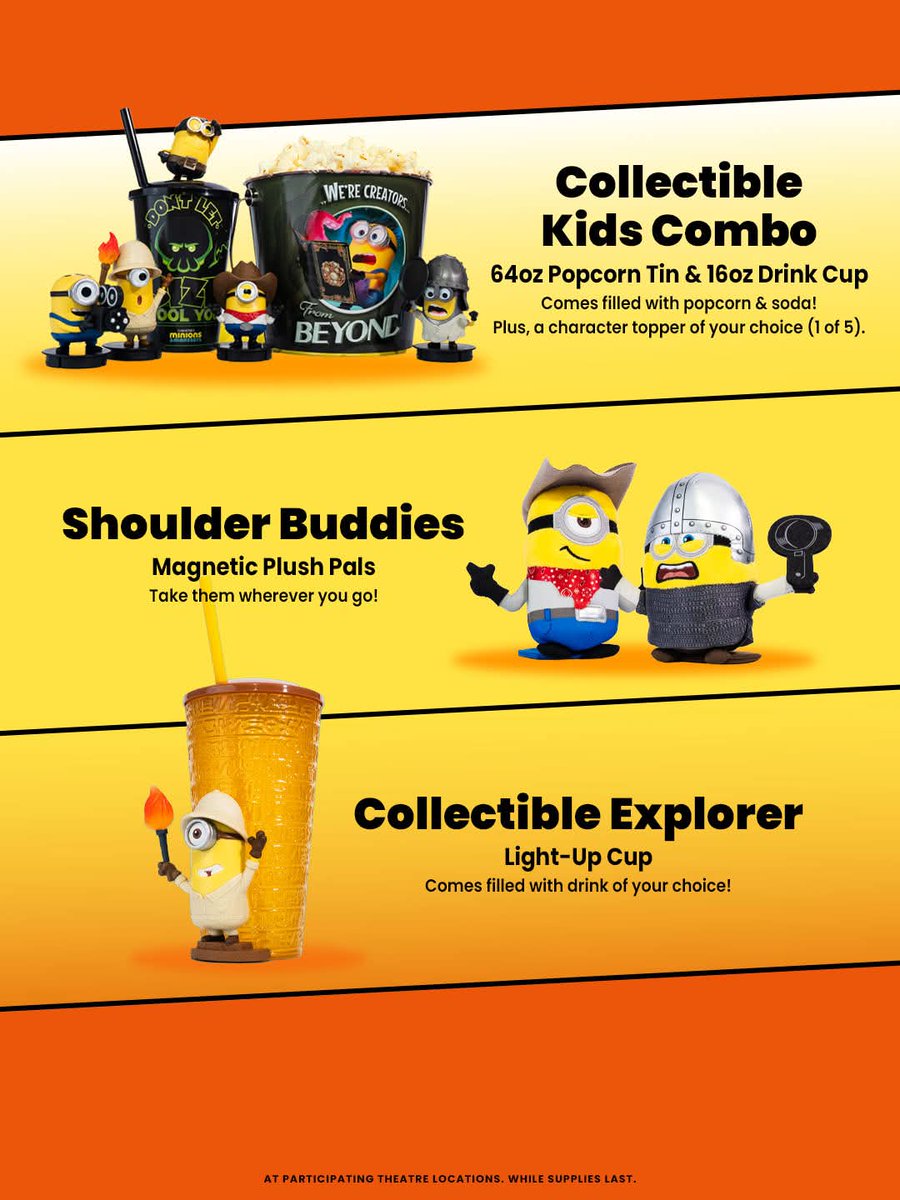 Cinimerch86's tweet photo. At @RegalMovies they're gearing up for the new @Minions movie. For Minions &amp; Monsters all these items will soon be available to purchase. A great choice of items. The Zoetrope Popcorn Bucket looks very interesting, as does the rest of the buckets, collectible cups &amp; plushies! https://t.co/pyLymC6GYm