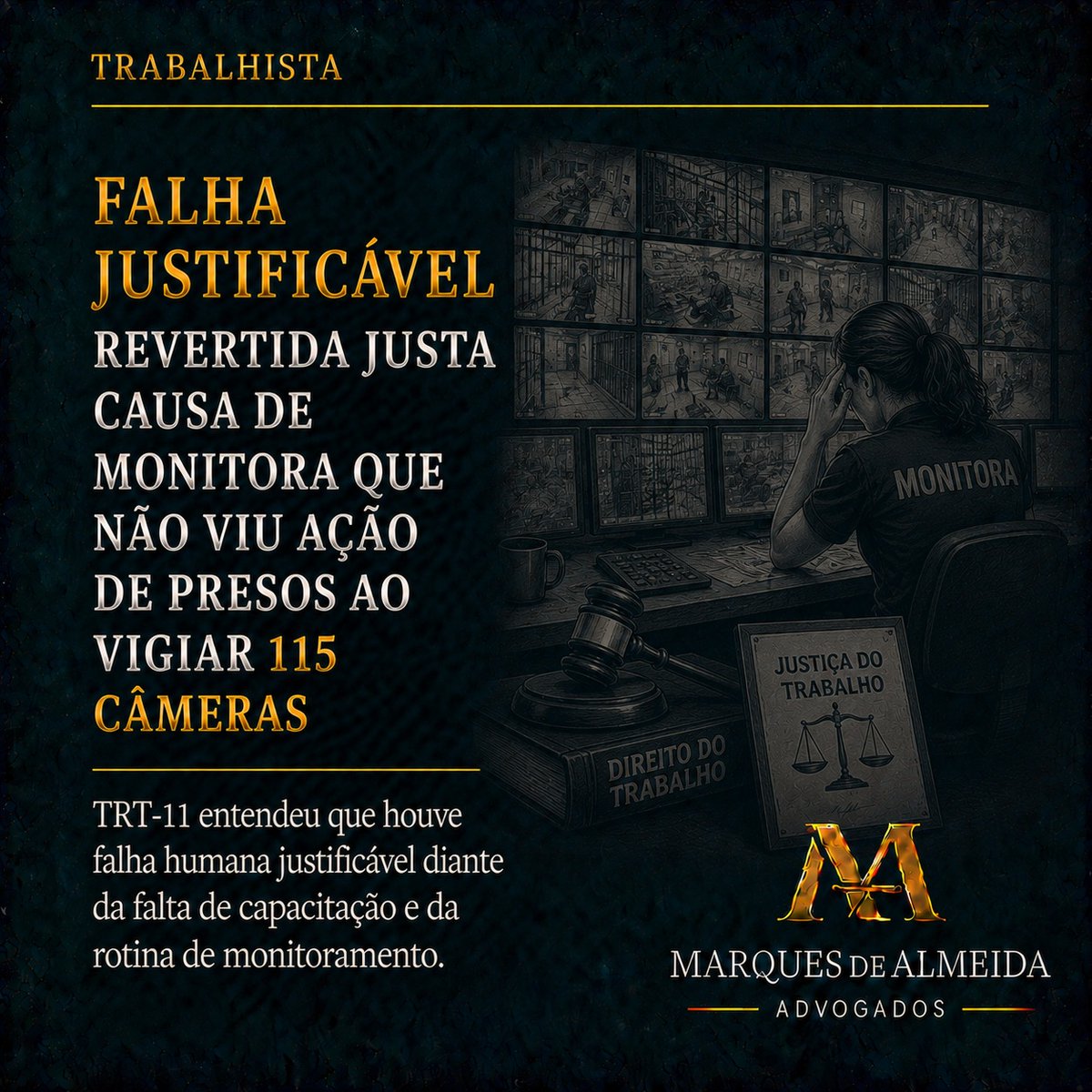 AdvmaAdv's tweet photo. Falha justificável
Revertida justa causa de monitora que não viu ação de presos ao vigiar 115 câmeras
TRT-11 entendeu que houve falha humana justificável diante da falta

Link: https://t.co/QtJlIIfmjg

#marquesdealmeidaadvogados #direitodotrabalho #advocaciatrabalhista https://t.co/TlDNcNQYZZ