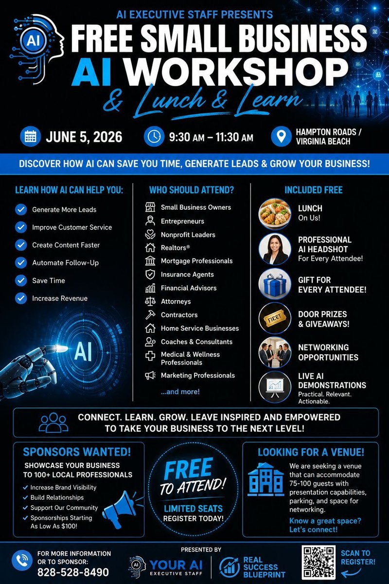 LauraSDahl's tweet photo. Hampton Roads Friends! Overwhelmed by tech? 🚀
Join our FREE AI Workshop June 5.
We need a venue for 100 people; know a spot?
Register: https://t.co/MKj9LCO8hf
Sponsors call 828-528-8490.
#HamptonRoads #SmallBusiness #AI #Workshop https://t.co/KPFsc3ViUc