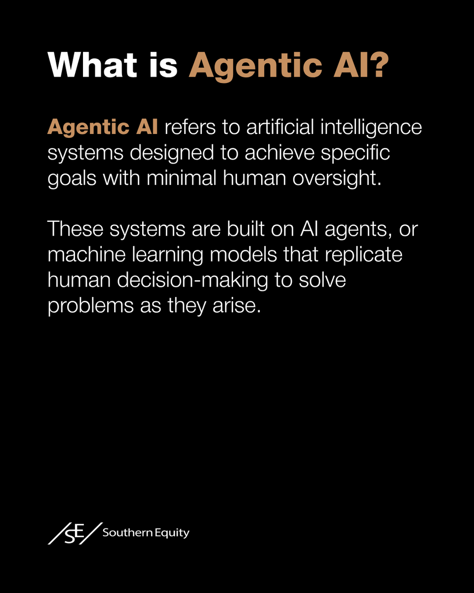 SouthernEquity's tweet photo. Agentic AI refers to systems that can take action autonomously on behalf of users. ⇥

Unlike traditional models that respond to prompts, agentic systems can plan, execute, and adapt across multi-step workflows.

The category appears to be gaining traction across industries where workflow automation can drive meaningful efficiency gains.

► Learn more: https://t.co/6VKSEXOabD

#ArtificialIntelligence #AgenticAI #VentureCapital #PrivateMarkets #AIInvesting