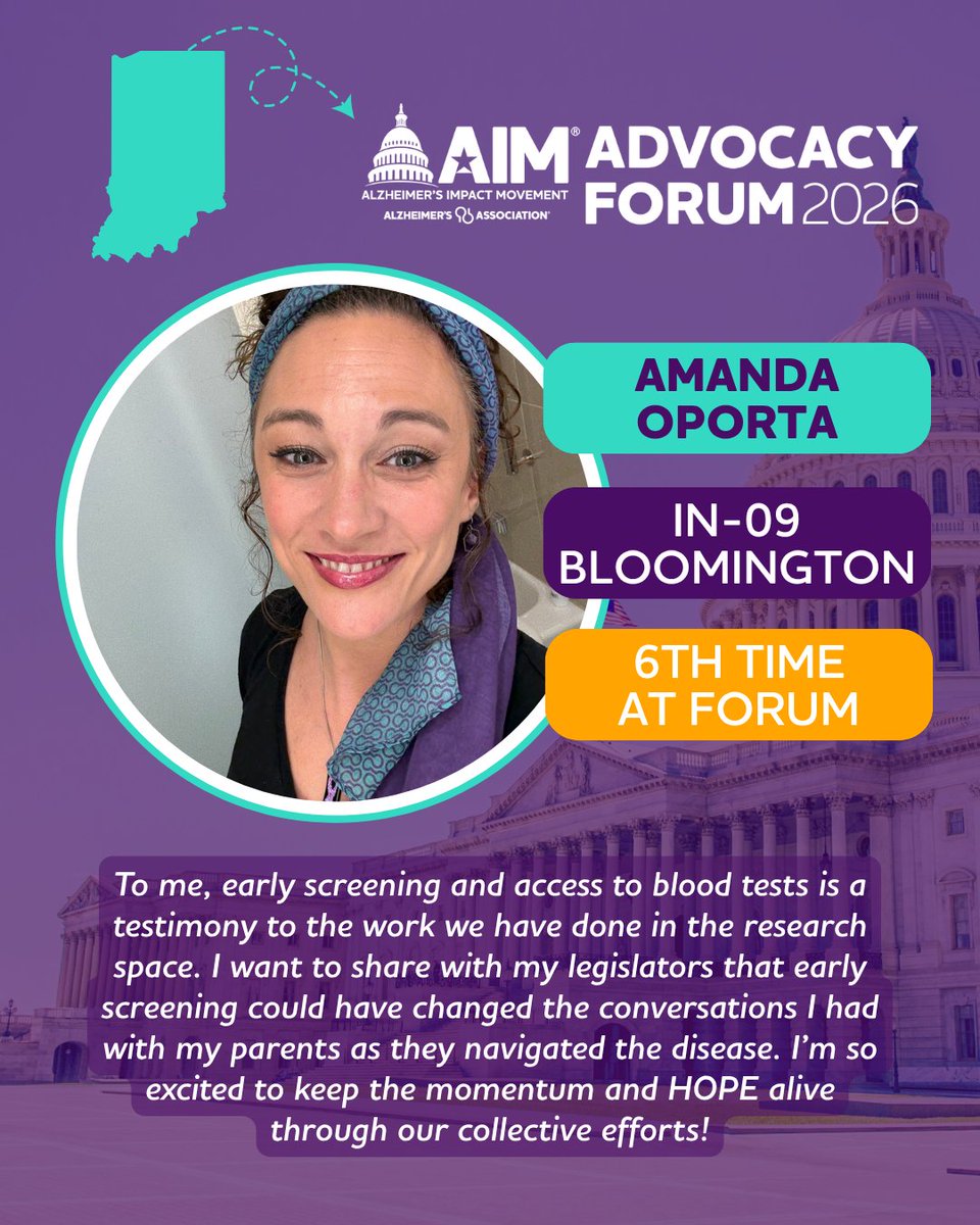 AlzIndiana's tweet photo. Meet our #ENDALZ advocate from Indiana's 9th district! 💜 Amanda heads to Capitol Hill next week to urge @RepHouchin to support the bipartisan #ASAPAct — joining advocates across the nation at the 2026 #alzforum.

📢 Add your voice at https://t.co/NG7KyqFDQp. https://t.co/doVh90Up2v