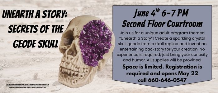 LCLReads's tweet photo. Join us as we make sparkling crystal skulls. Free for 18+ Sign up today!! https://t.co/tVxHPu1IUc