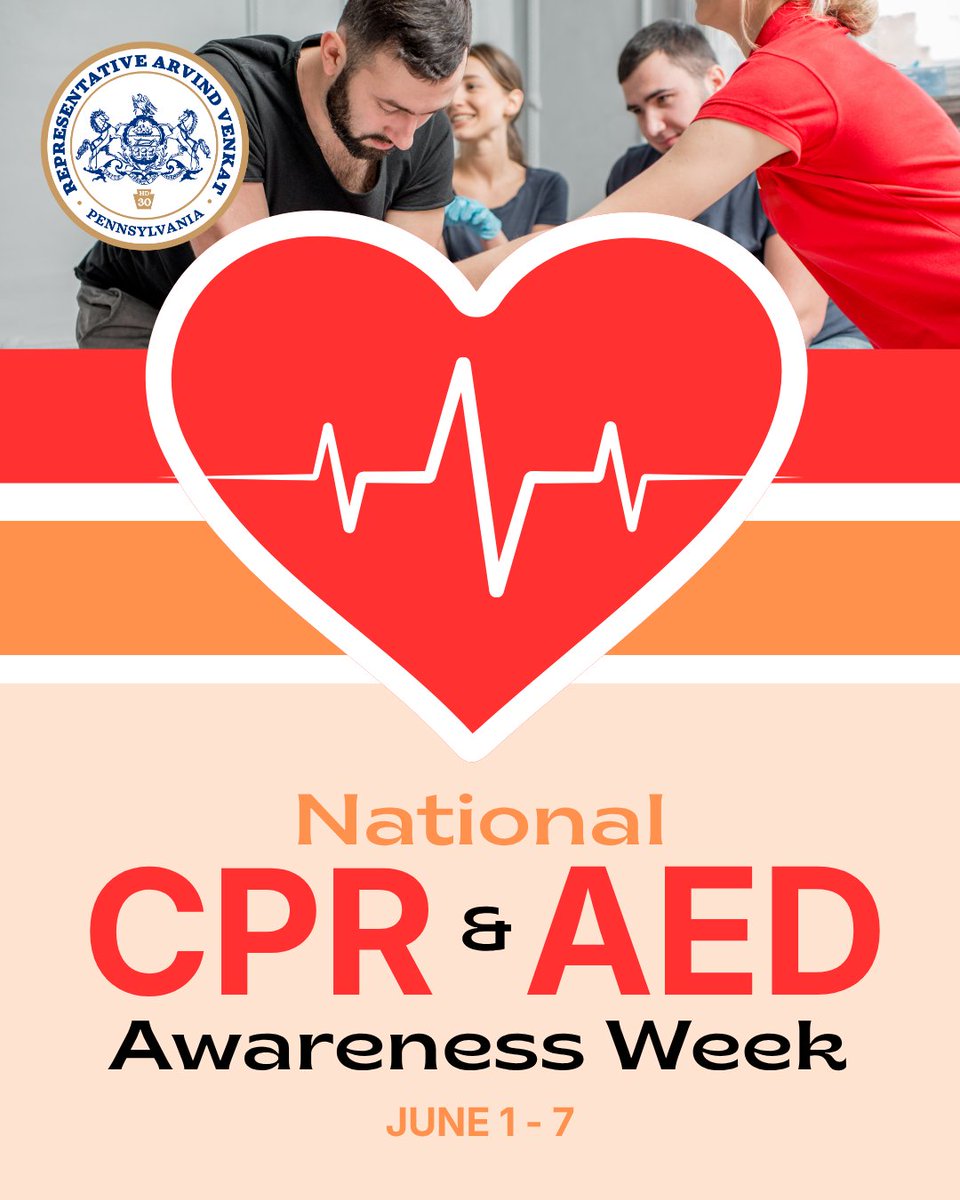 RepVenkat's tweet photo. Learning cardiopulmonary resuscitation (CPR) or how to use an automated external defibrillator (AED) are skills that could save a life one day. I encourage everyone to take a class if they are able.  Learn more at https://t.co/npjcsw1NRC https://t.co/xBnYfF54Th
