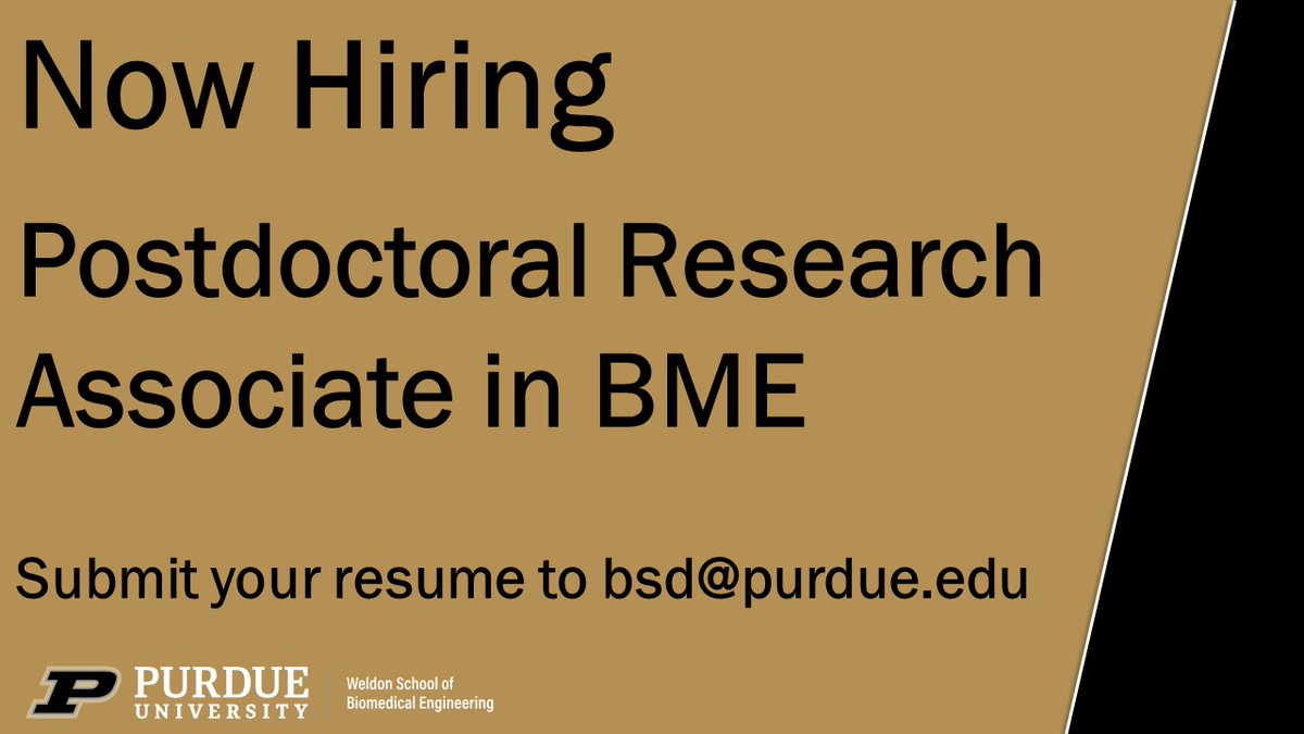 PurdueBME's tweet photo. The Postdoctoral Research Associate will conduct advanced research in the development of a novel wearable biosensor system for human use in collaboration with lab members.

Submit resume to bsd@purdue.edu https://t.co/bkKMl0ter7