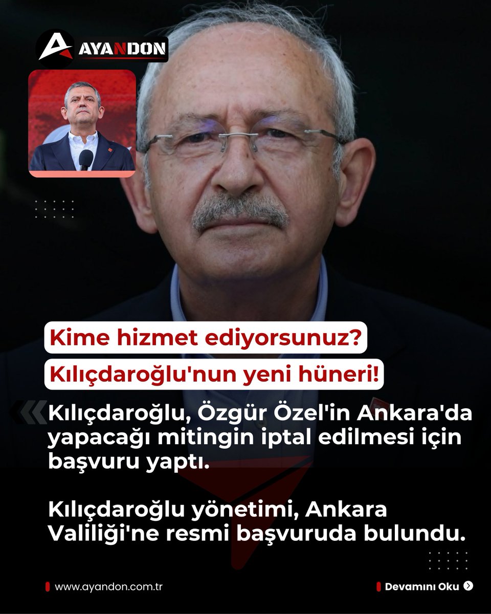 ayandon's tweet photo. #SONDAKİKA

CHP Genel Merkezi, Özgür Özel'in yarın Ankara'da yapacağı mitingin iptal edilmesi için başvuru yaptı. 

Kılıçdaroğlu yönetimi, Ankara Valiliği'ne resmi başvuruda bulundu. https://t.co/lIT00nbSsd