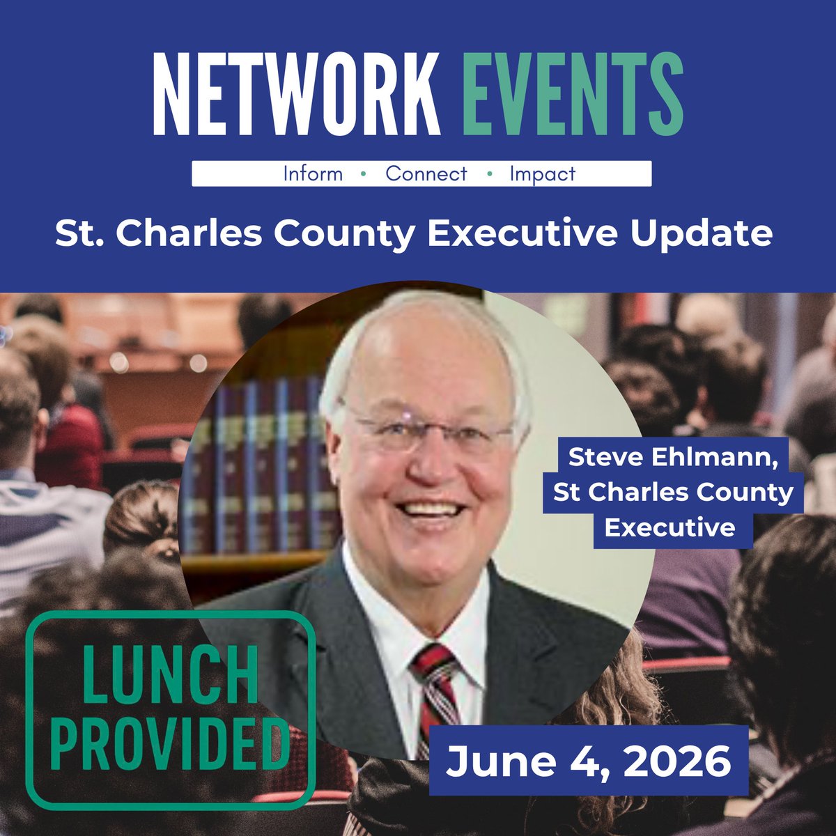 CommunitySTC's tweet photo. Community Council invites you to our June 4 Network Luncheon with St. Charles County Executive Steve Ehlmann. 📅 June 4, 2026 🕦 11:30 AM – 1:00 PM 📍 Community Commons https://t.co/d5TMxOtPmR https://t.co/RUotHFZX8x