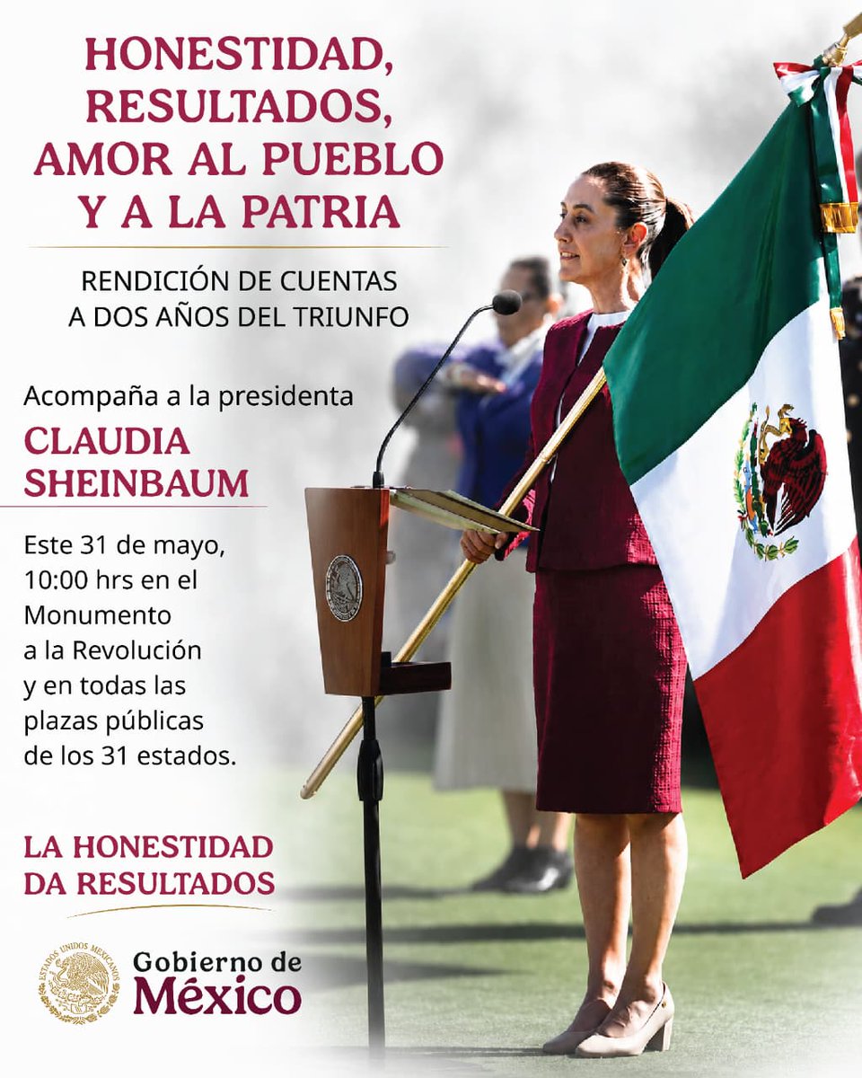 cla4296's tweet photo. 🇲🇽 Honestidad, resultados y amor por México.
Este 31 de mayo acompañemos a la presidenta Claudia Sheinbaum en la rendición de cuentas a dos años del triunfo.

#LaHonestidadDaResultados #México #Transformación https://t.co/IJBaYkwAh5