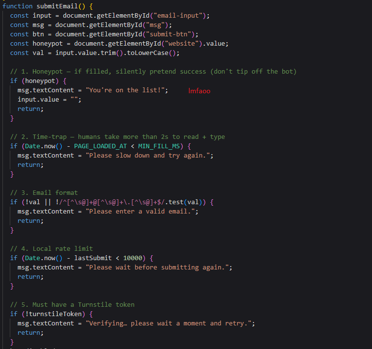 AS7RIDENIED's tweet photo. @Dexerto This site is a vibecoded singlepage with unobfuscated js, which is full of AI comments. Be aware, any appearing info could be fake, and ofc don't send your email address to it https://t.co/xmIH7J2hzz
