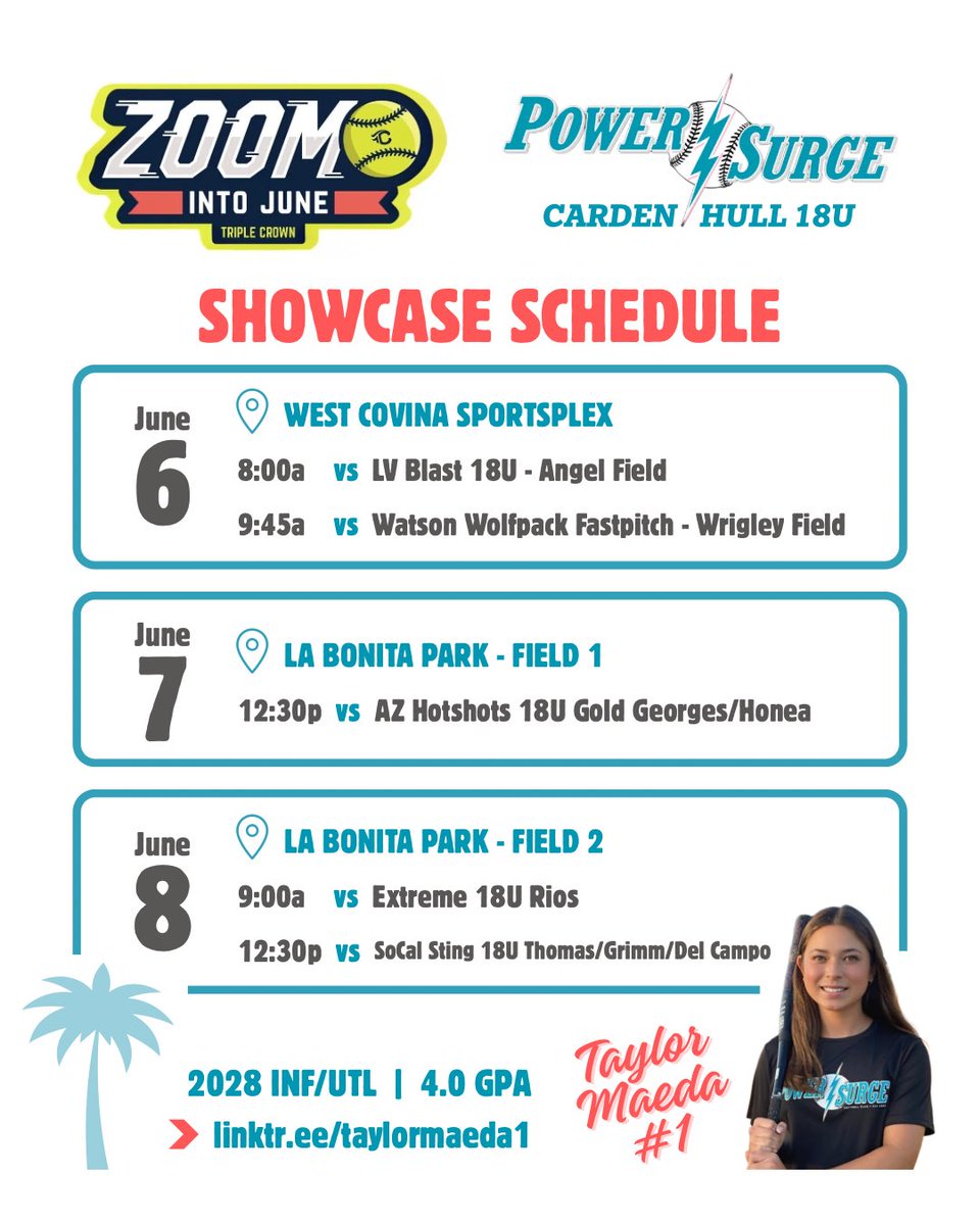 TaylorMaeda1's tweet photo. Zoom Into June schedule! 🥎🌴

📺 GC: Power Surge Carden/Hull 18U

@TCSFastpitch https://t.co/J5G3FN70kM