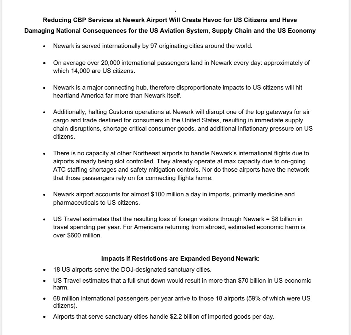 davidshepardson's tweet photo. Data being shared by airlines with administration/lawmakers on impact of potential Newark international air shutdown per memo seen by @Reuters:  “There is no capacity at other Northeast airports to handle Newark’s international flights due to airports already being slot controlled. They already operate at max capacity due to on-going ATC staffing shortages and safety mitigation controls” https://t.co/lVzDqLrYCg