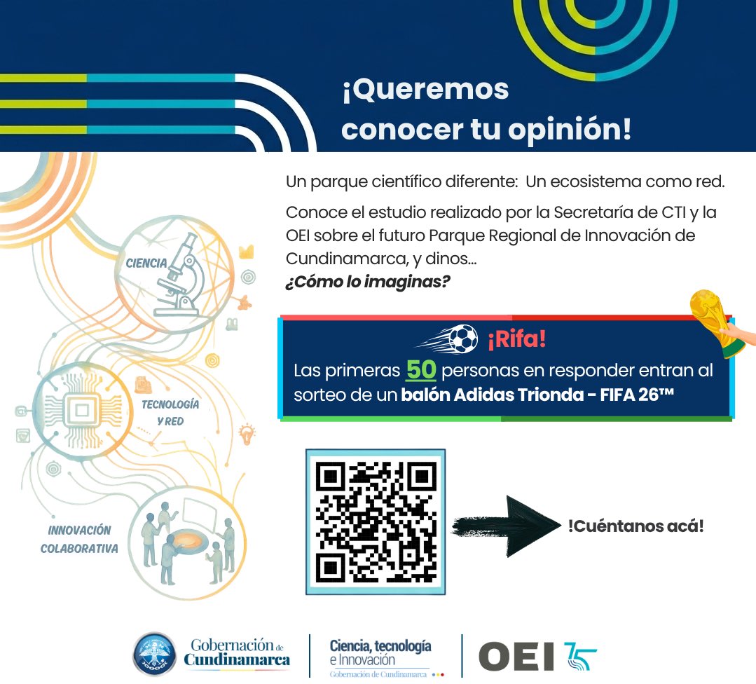 SecCTeICundi's tweet photo. ¿Un parque sin paredes? 🔬✨ 
¡Así es la nueva red de ciencia en Cundinamarca!

Junto a la OEI, realizamos un estudio para aproximarnos a un Parque Regional de Innovación y Desarrollo Científico, pero falta la pieza más importante: TU OPINIÓN. https://t.co/DI3Yik5qSI